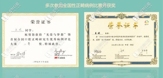 麥芽口腔王歡醫(yī)生的獲獎(jiǎng)榮譽(yù)